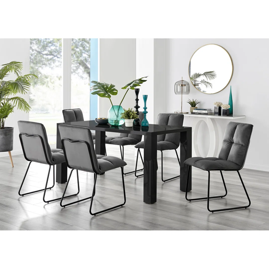 Pivero Black High Gloss Dining Table & 6 Dark Grey Menen Chairs