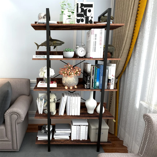 Bookshelf, 5-Tier Bookcase, Open Storage Shelving, Standing Shelf, Display Storage Rack Shelf Industrial Rustic Brown And Black For Living Room, Bedro