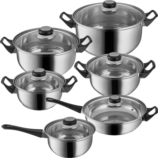 tectake Pots and pans set with glass lid, stainless steel - frying pan, saucepan set, pots and pans - silver