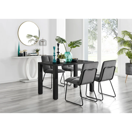 Pivero Black High Gloss Dining Table & 4 Dark Grey Menen Chairs
