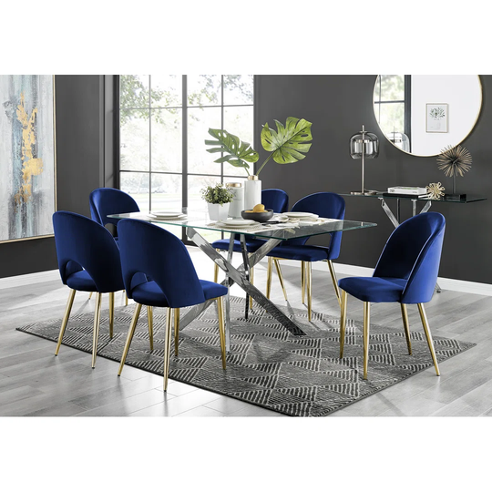 Leonardo Glass And Chrome Dining Table & 6 Blue Arlon Gold Leg Chairs