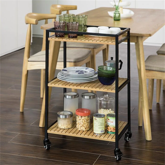 Solvejg 47 Cm Iron Kitchen Trolley with Solid Wood Top and Locking Wheels