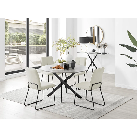 Novara Grey Concrete Effect Black Leg 120Cm Round Dining Table & 4 Cream Halle Chairs
