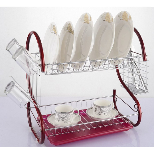 Vinsani 2 Tier Drainer Rack Drip Tray Plate Dish Cutlery Cup Holder Chrome Red