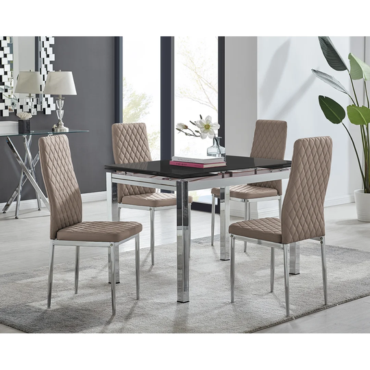 Enna Black Glass Extending Dining Table And 4 Cappuccino Milan Chairs