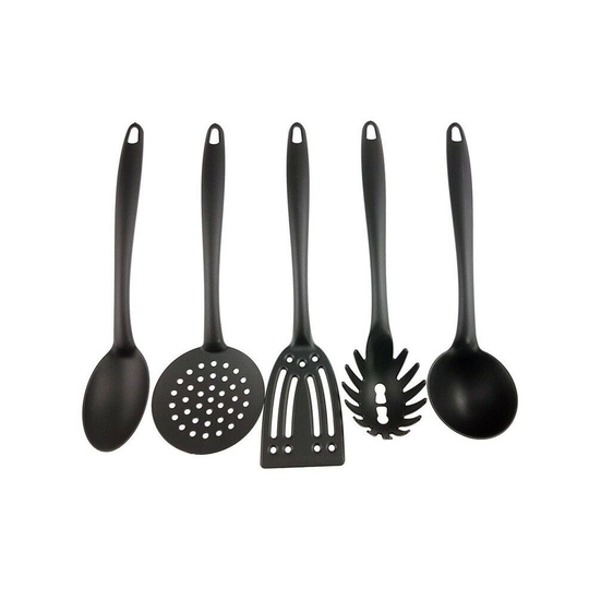 Set of 5 Black Plastic Kitchen Utensil Set Spatula Ladle Turner Spoon