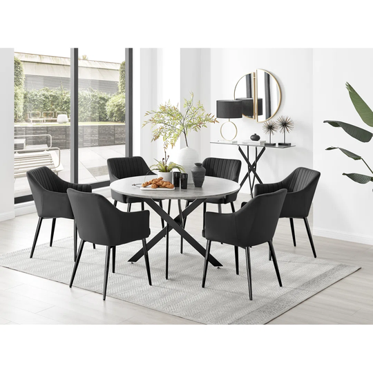 Novara Grey Concrete Effect Black Leg 120Cm Round Dining Table & 6 Black Calla Black Leg Chairs