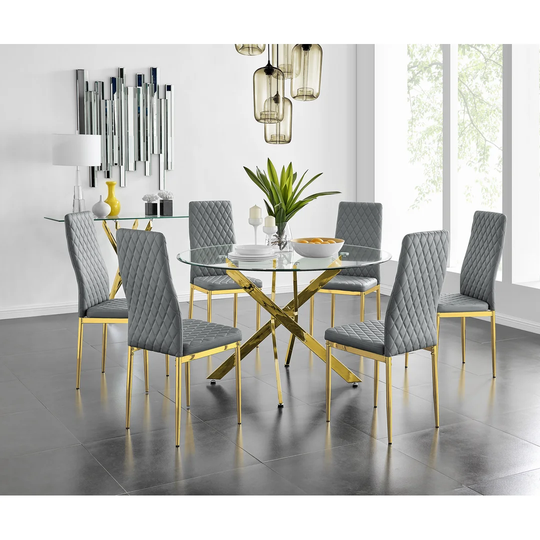 Tierra 120Cm Gold Round Dining Table And 6 Grey Gold Leg Chairs