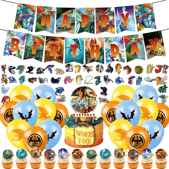 92Pcs Wings of Fire Party Decorations, Dragon Theme Birthday Party Supplies include Happy Birthday Banner, Balloons, Cupcake...
