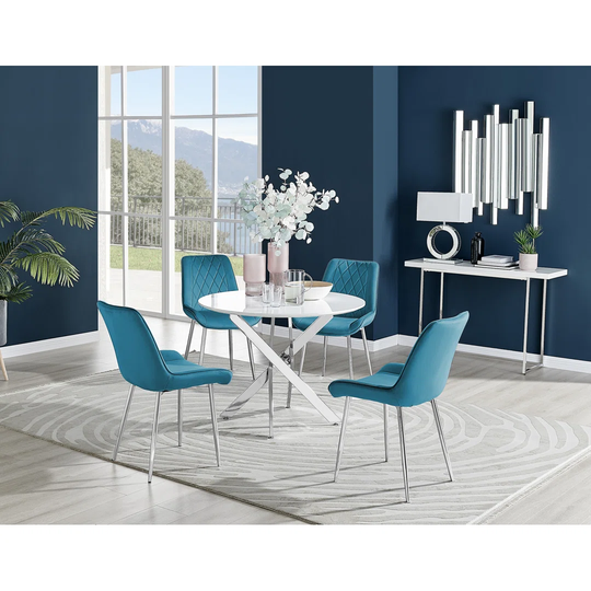 Novara White High Gloss Round Dining Table & 4 Blue Pesaro Silver Chairs