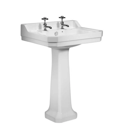 White Ceramic Rectangular Full Pedestal Basin Bathroom Sink with Overflow