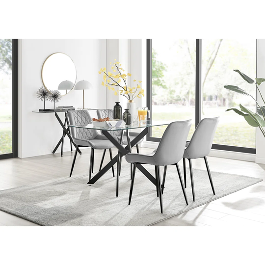 Leonardo Black Leg Glass Dining Table & 4 Grey Pesaro Black Leg Chairs