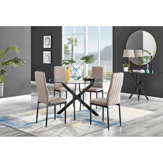 Novara Black Leg Round Glass Dining Table & 4 Mustard Milan Chrome Leg Chairs