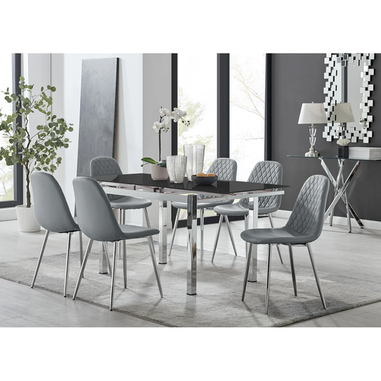 Enna Black Glass Extending Dining Table And 6 Grey Corona Silver Leg Chairs