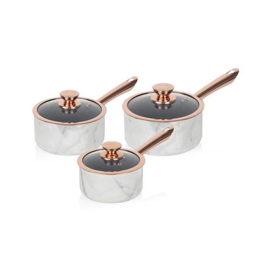 3pc Tower Rose Gold Marble Non-Stick Saucepan Set