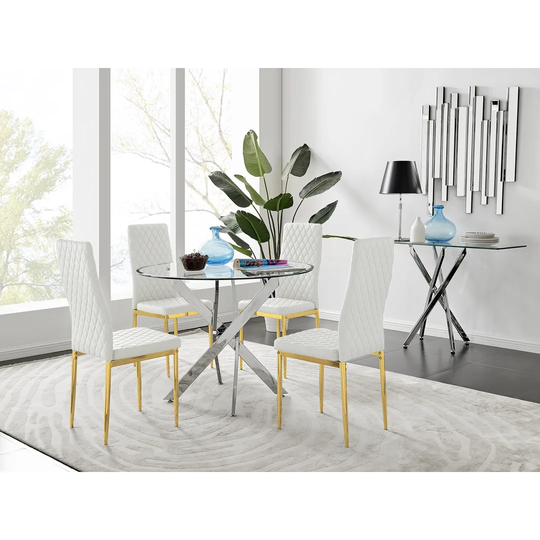 Chowchilla 100Cm Round Dining Table And 4 White Gold Leg Chairs