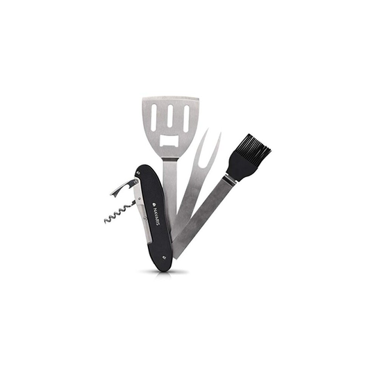 Navaris 5-in-1 BBQ Multitool - Folding Barbecue Grill Multi-Tool Set with Spatula, Fork, Silicone Brush, Corkscrew, Bottle Opener - Stainless Ste