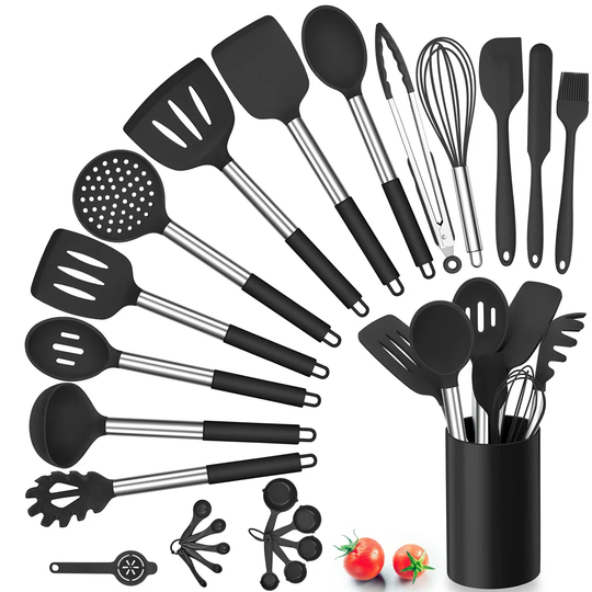 Silicone Kitchen Utensils Set,25 Pcs Cooking Utensil With Holder, Heat Resistant Kitchen Tools With Stainless Steel Handle For Non-Stick Cookware, Tur