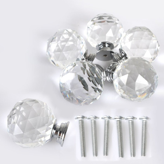 New 6pcs 40MM Clear Crystal Acrylic Glass Door Knobs Handle Cupboard Pull Drawer Kitchen Cabinet Drawer knobs+ Screw Set Home Decorating