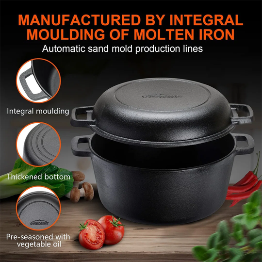 2 In 1 Cast Iron Dutch Oven With Cookbook Recipe 5 QT Dutch Oven Pot + 1.6 QT Dual Function Skillet Lid Pre Seasoned With Handle Covers For Camping Ho