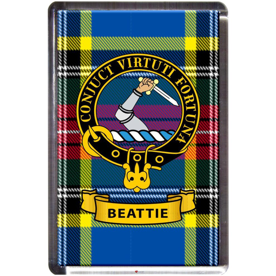 Beattie Tartan Fridge Magnet with Scottish Clan Crest on Clear Acrylic Rectangular Base