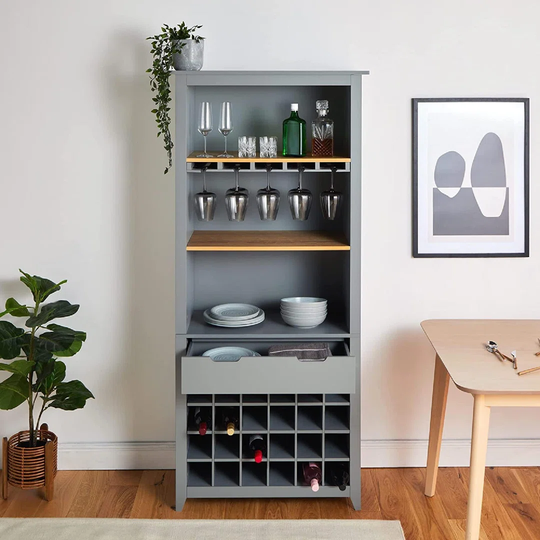 Gray Bar Cabinet - Tall Drinks Cabinet, Display Case Sideboard & Wine Rack - 3 Storage Shelves & Drawer, 24 Bottle & 5 Wine Glass Compartments - Kitch