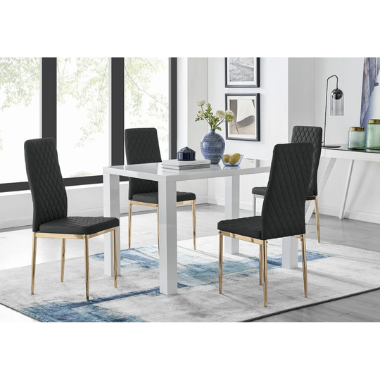 Eubanks 4 White Dining Table And 4 Black Gold Leg Chairs