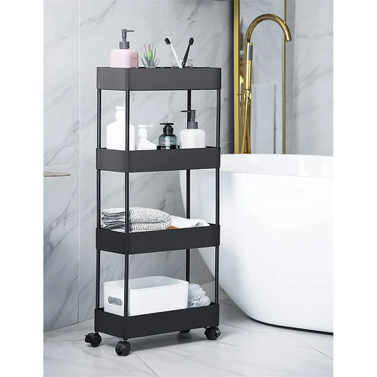 Slim Storage Cart 4-Tier, Bathroom Organization Slide Out Storage Cart, Laundry Room Organization And Storage Snack Cart With Wheels, Storage Tower Ra