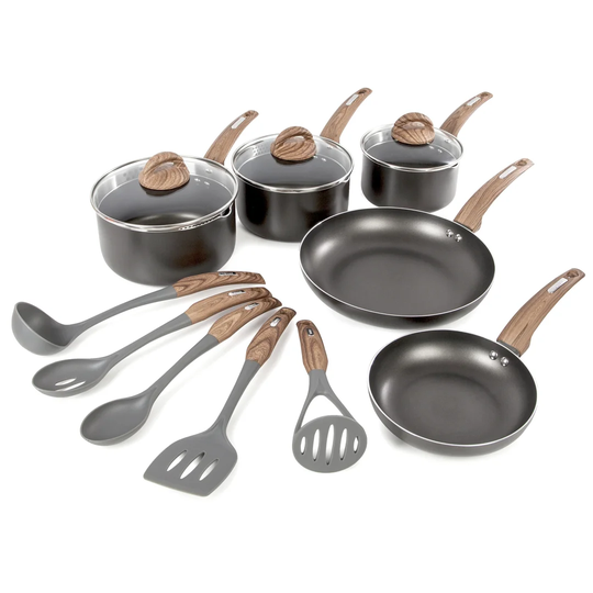 Tower Induction Frying Pan and Saucepan Set, Includes 5 Cooking Tools, Non Stick, Graphite/Brown, 5 Piece Pan Set