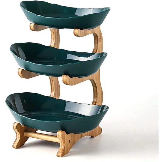 3 Tiers Fruit Plate With Wood Pottery Ceramic Fruit Bowl Dried Fruit Plate Set Holder Snacks Veg Candy Plate Kitchen Organizer Rack Party Food Serving