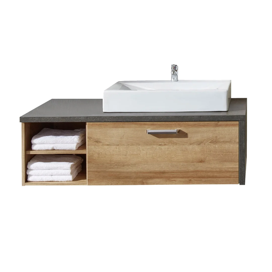 Essan bathroom sink cabinet with 1 drawer, 2 open compartments, washbasin in oak decor and concrete decor.