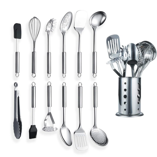 Stainless Steel Kitchen Utensil 12 Piece With 1 Stand, Cooking Spoon, Kitchen Tools Cooking Utensil With Holder. (13 Pieces)