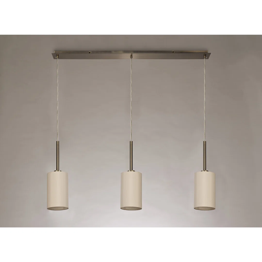 Baymont Antique Brass 3 Light E27 3M Linear Pendant, C/W 120Mm Faux Silk Shade, Ivory Pearl/White Laminate