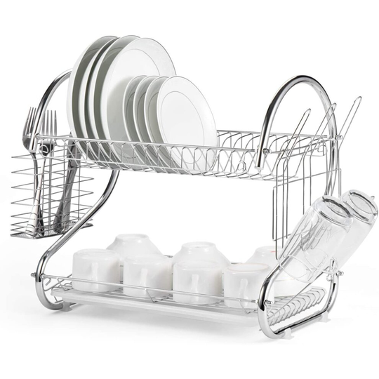 Dish Drainer Rack 2 Tier Dish Drainer Kitchen Drying Rack Chrome Plated with Drip Tray