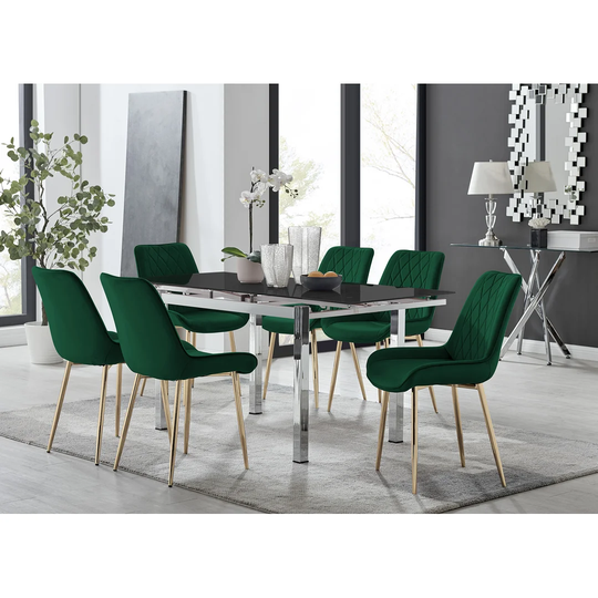 Enna Black Glass Extending Dining Table And 6 Green Pesaro Gold Leg Chairs