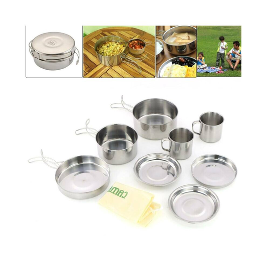 8Pcs Cookware Set Steel Pan Pot Outdoor Camping Hiking Picnic Cookin