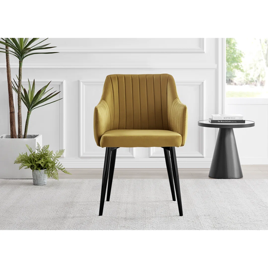Novara 120Cm Round Glass Dining Table & 6 Mustard Calla Black Leg Velvet Chairs