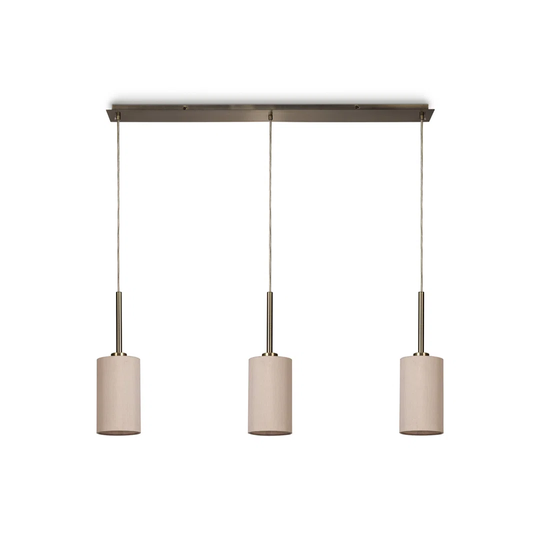 Baymont Antique Brass 3 Light E27 3M Linear Pendant, C/W 120Mm Dual Faux Silk Shade, Nude Beige/Moonlight