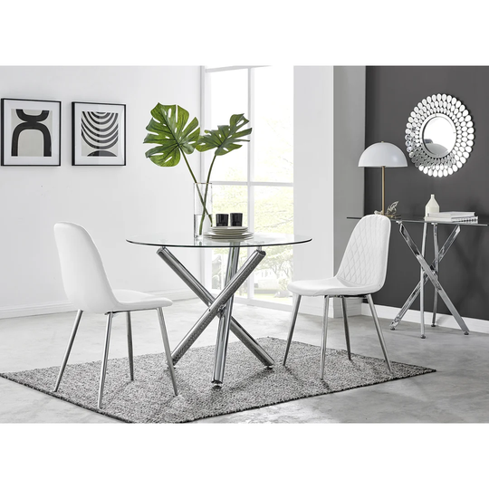 Selina Round Dining Table And 2 White Corona Silver Leg Chairs