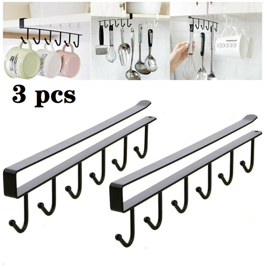 (Black, 3) 6Hook Metal Under Shelf Hanging Rack Holder