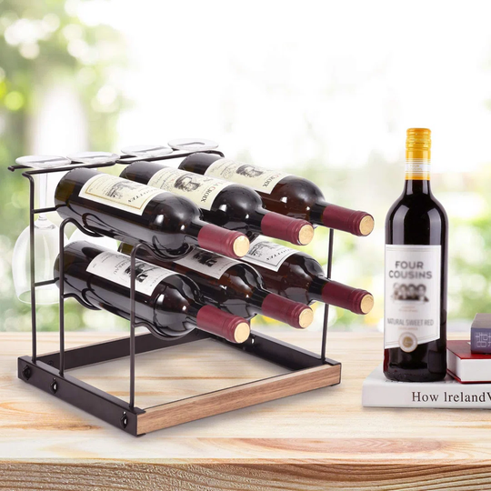 Woen 6 Bottle Tabletop Wine Bottle & Glass Rack in Brown/Black