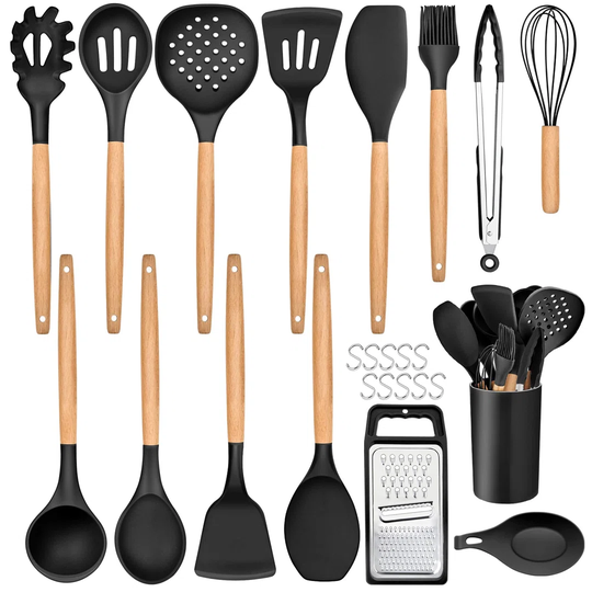Kitchen Utensils Set, 25 Pieces Soft Silicone Cooking Utensil Set With Holder, Natural Wooden Handle Kitchen Spatula Spoon For Cooking Baking, Non St