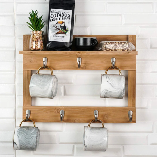 Mug Rack Wall Mounted, Mug Rack, Wall Mounted Cup Rack With Shelf, Coffee Mug Holder Wood Cup Organizer With 7 Hooks (Bamboo)