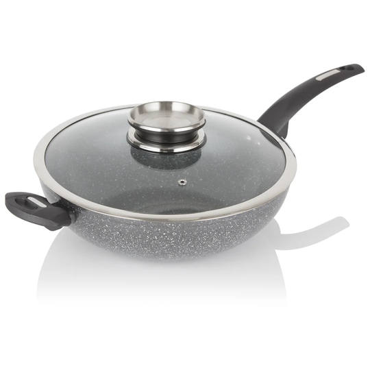 Tower T81279 Cerastone Induction Wok Pan With Glass Lid, Non Stick Ceramic Coating, Easy to Clean, Graphite, 30 cm