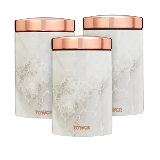 Tower T826005WR Set of 3 Storage Canisters for Coffee/Sugar/Tea, Stainless Steel, White Marble and Rose Gold