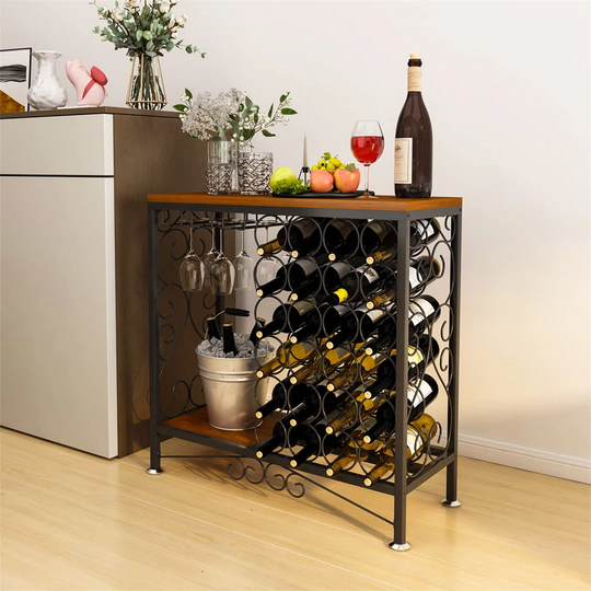 Colo 24 Bottle Floor Wine Bottle and Glass Rack in Black