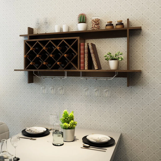 Wall Mounted Wine Rack Organizer W/Metal Glass Holder & Multifunctional Storage Shelf Modern Diamond-Shaped Wood Wine Server For 10 Bottles Wine Stora