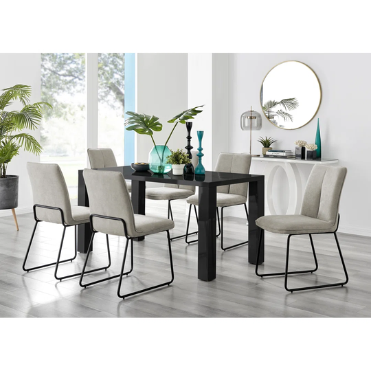 Pivero Black High Gloss Dining Table & 6 Taupe Halle Chairs