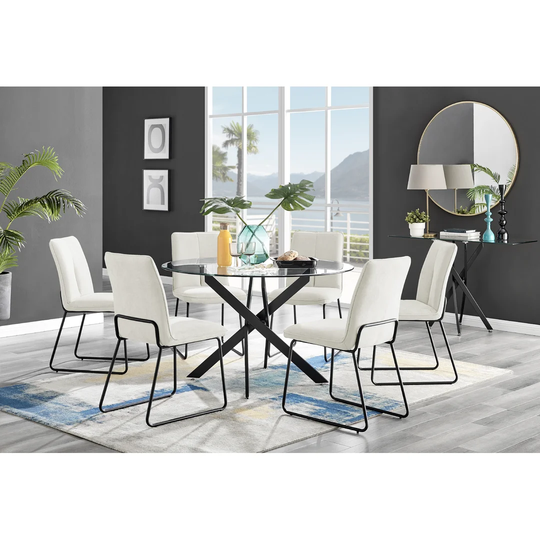 Novara 120cm Round Glass Dining Table & 6 Taupe Halle Chairs