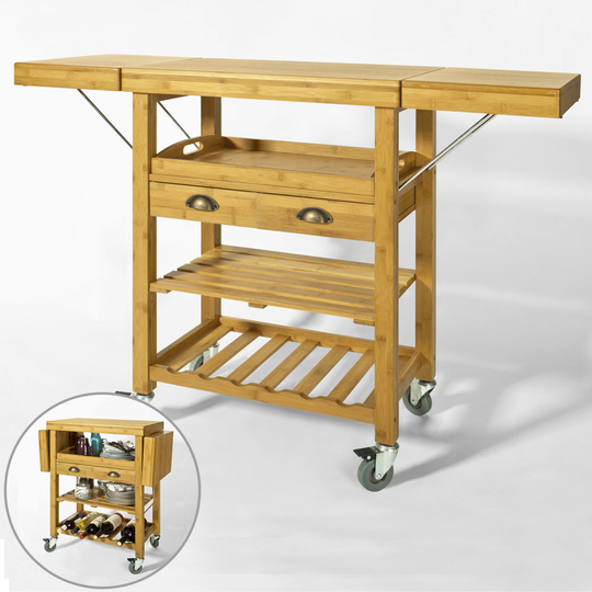 SoBuy® FKW25-N, Extendable Bamboo Kitchen Storage Trolley with 2 Folding Hinged Side Boards